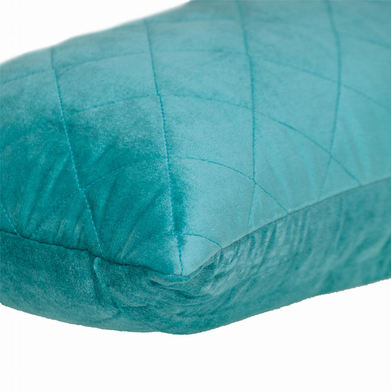 Teal quilted throw pillow corner seam and diamond quilting