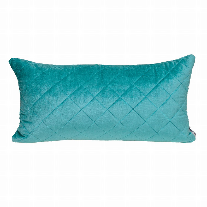 Turquoise quilted lumbar throw pillow front with diamond stitch pattern and piped edge.