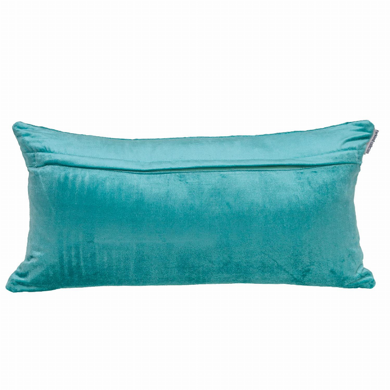 Turquoise quilted lumbar throw pillow with piped trim and smooth diamond quilting texture.
