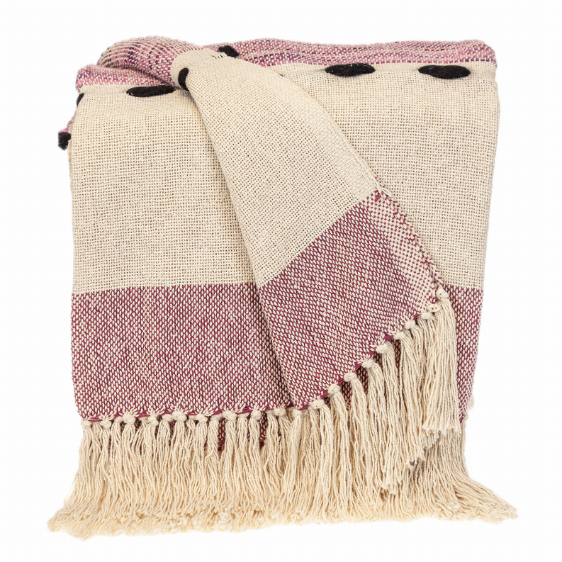 Woven rectangle throw blanket in beige and mauve with tassel fringe and black pom accents