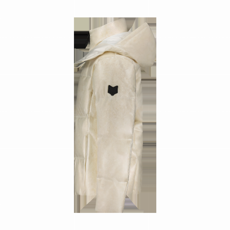 Cream puffer jacket three-quarter view with hood and black chest emblem