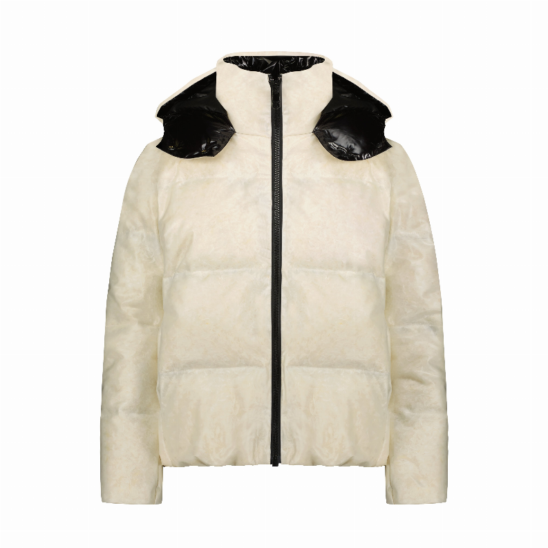 Cream padded hooded jacket with black collar and pocket accents, front view