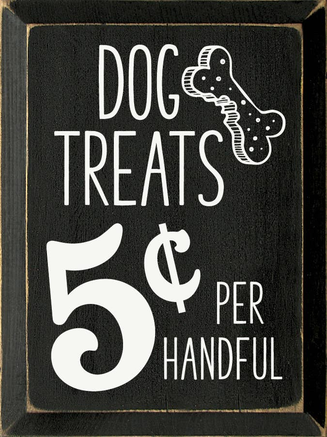 Dog treats 5¢ per handful box with dog bone icon and bold text.