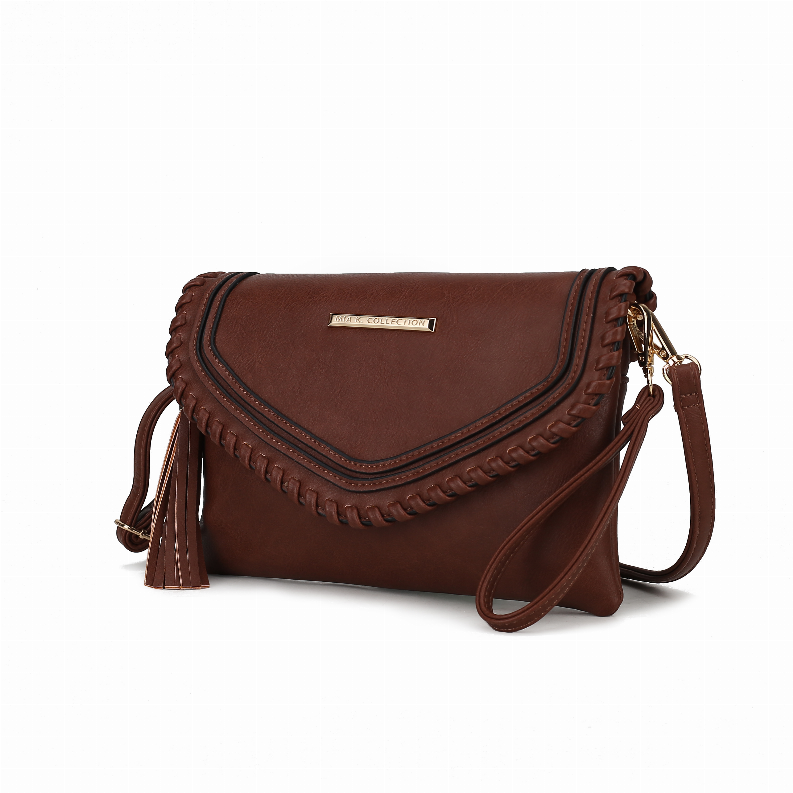 Remi women's vegan leather shoulder bag, brown crossbody with flap and tassel