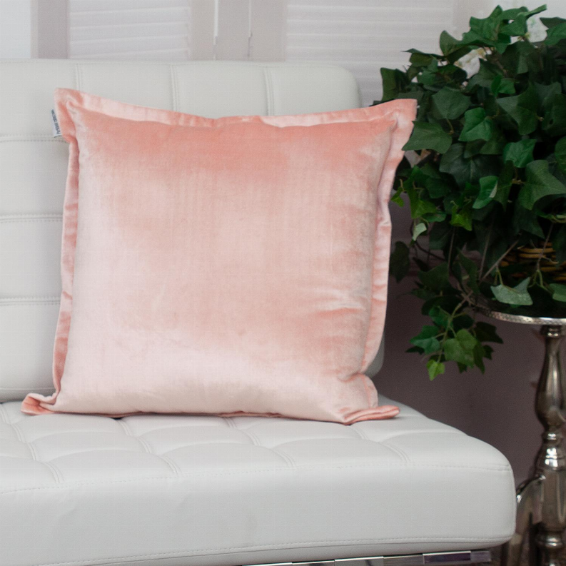 Pink square throw pillow front view with faint horizontal seam lines and smooth fabric