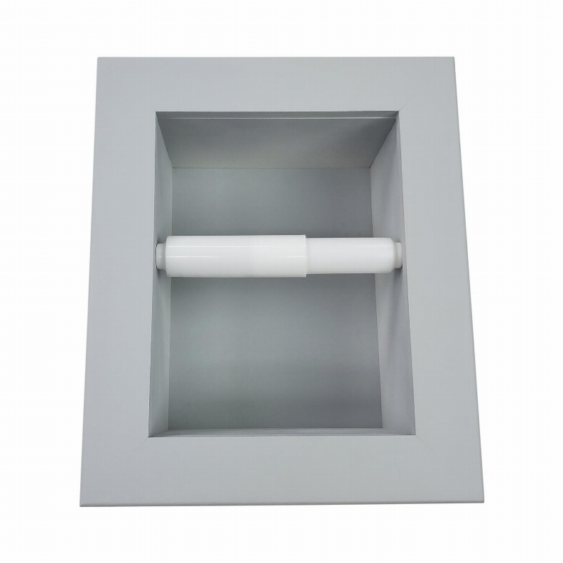 Recessed toilet paper holder with white roll on bar, light gray wood wall cabinet