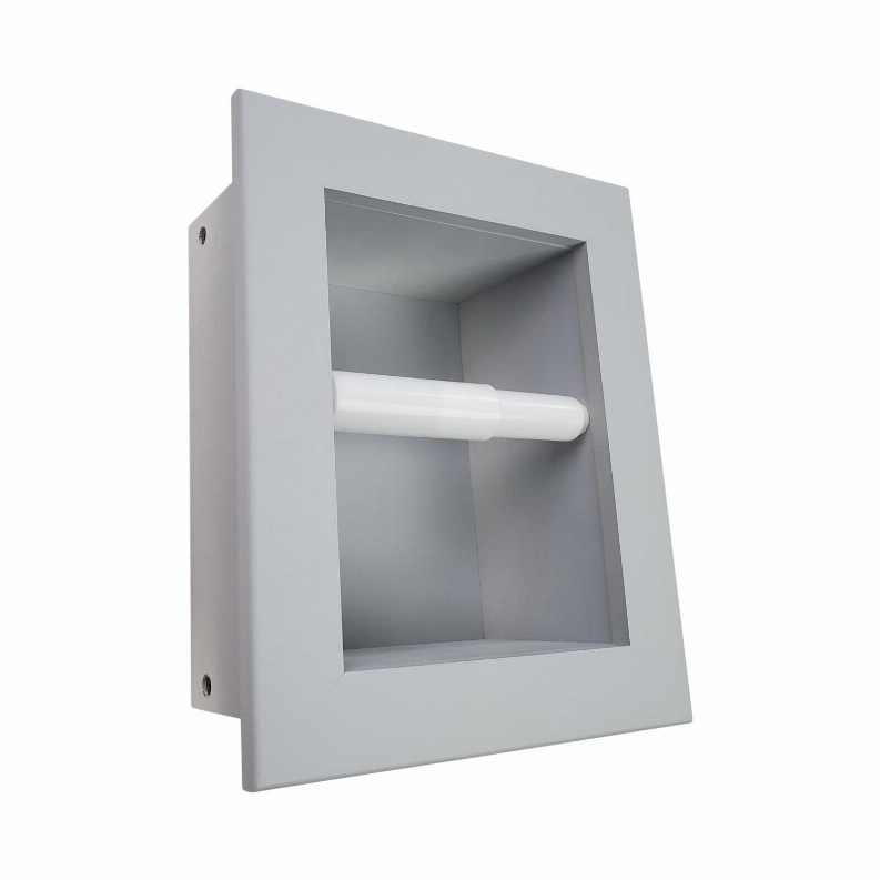 Recessed toilet paper holder with white roll and side mounting holes, light gray wood frame