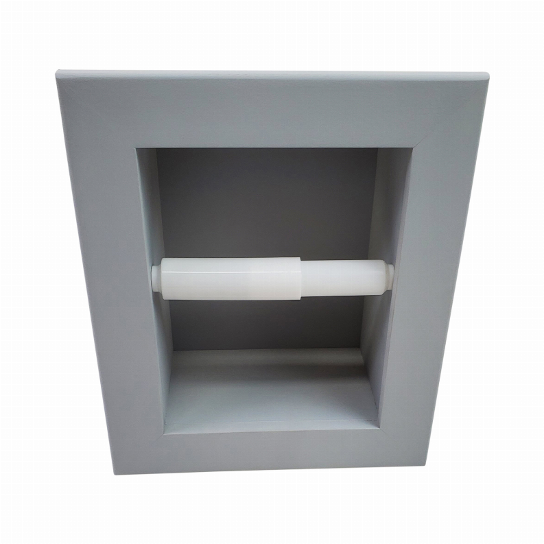 Recessed toilet paper holder with white roll bar, light gray solid wood recessed box