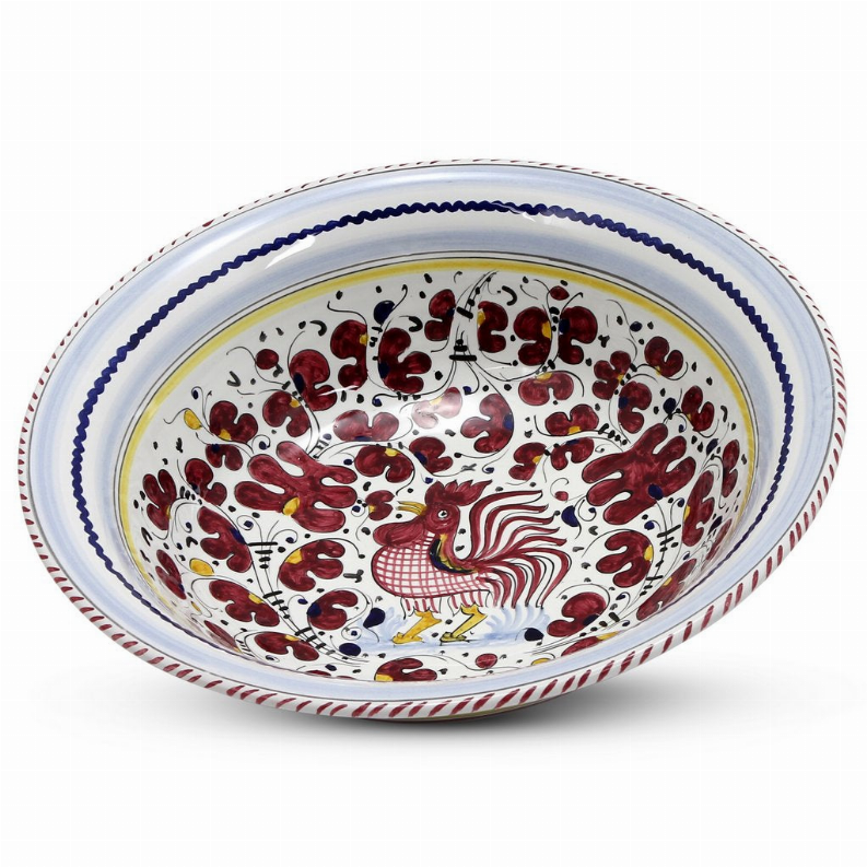 Rooster serving bowl with blue rim, red bird illustration, and decorative border.