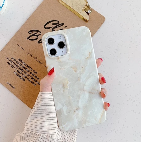 Light gray-veined white marble iPhone case with triple camera cutouts