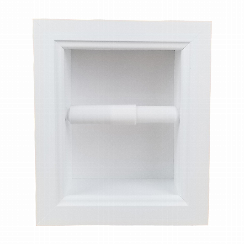 Recessed toilet paper holder niche with horizontal spindle and paper roll