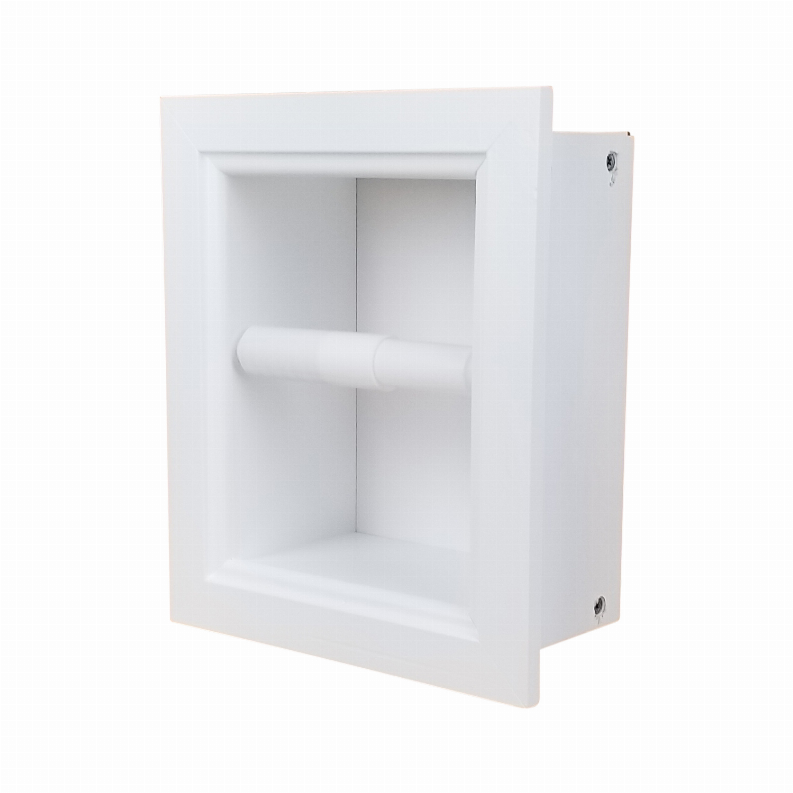 Recessed square toilet paper holder with white finish and mounted paper roll