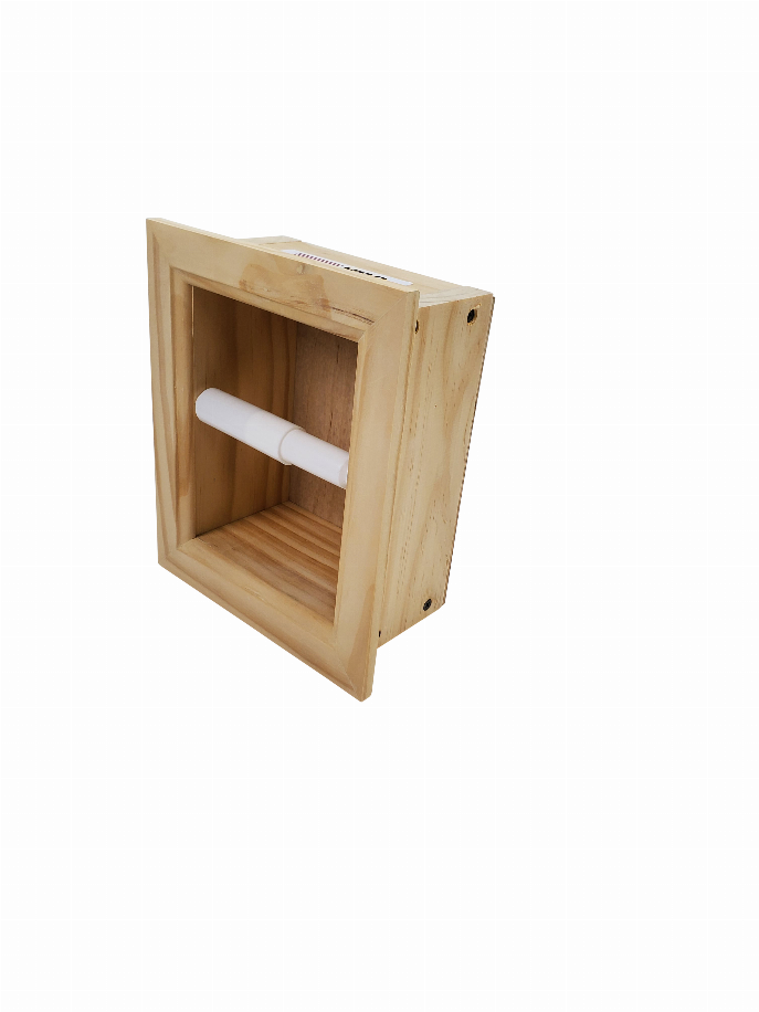 Recessed square wooden toilet paper holder with roll installed, angled view