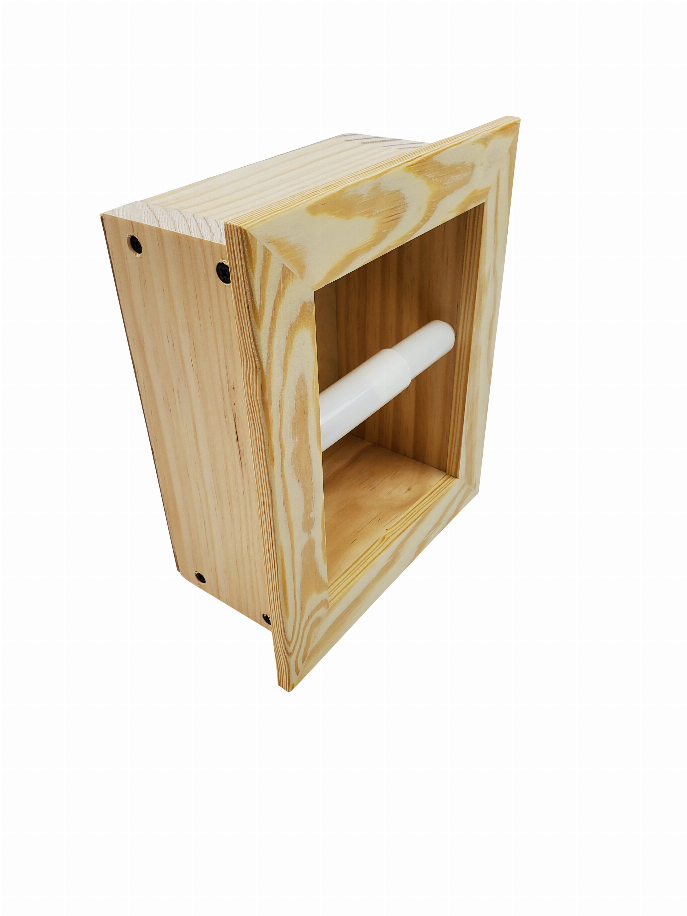Square recessed wood toilet paper holder with roll, angled view with screw holes