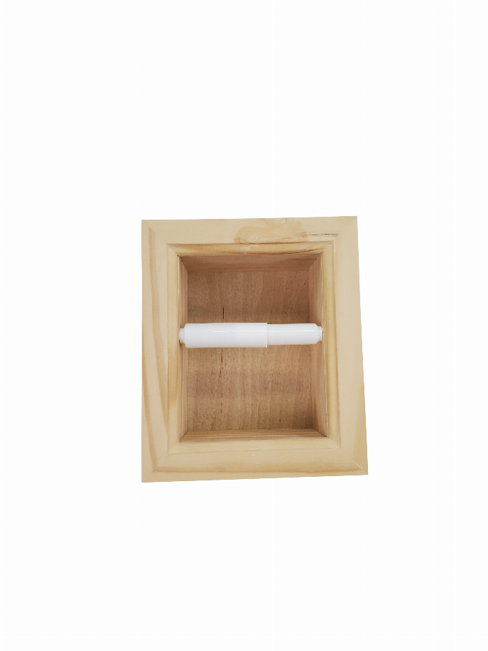 Square recessed light wood toilet paper holder displaying a roll inside
