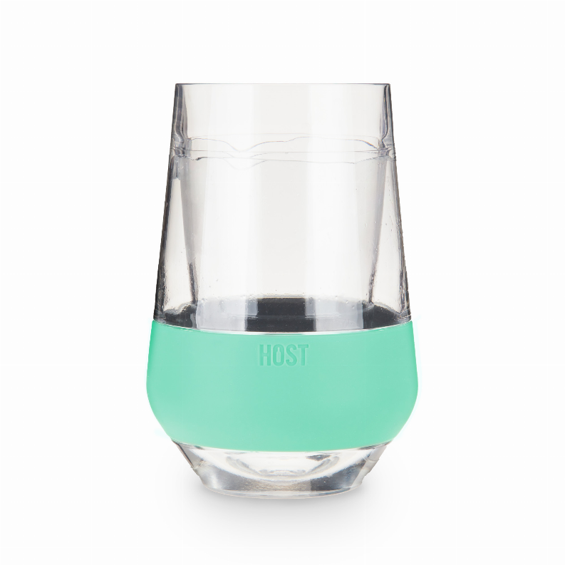 Wine cooling cup, clear plastic with mint band and HOST logo across the front.