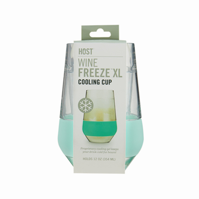 Wine freeze XL cooling cup box front, HOST wine freeze text, mint band shown on cup.
