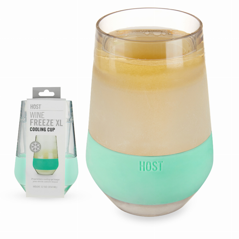 Wine cooling cup with retail package, clear body and mint band, HOST logo.
