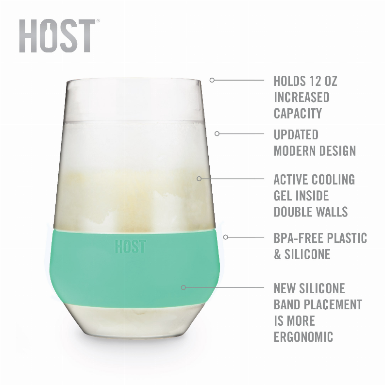 Wine cooling cup with teal silicone band, double-wall design, holds 12 oz