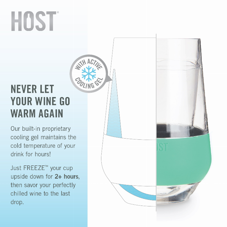 Wine FREEZE cooling cup, clear body with teal band and visible active cooling gel