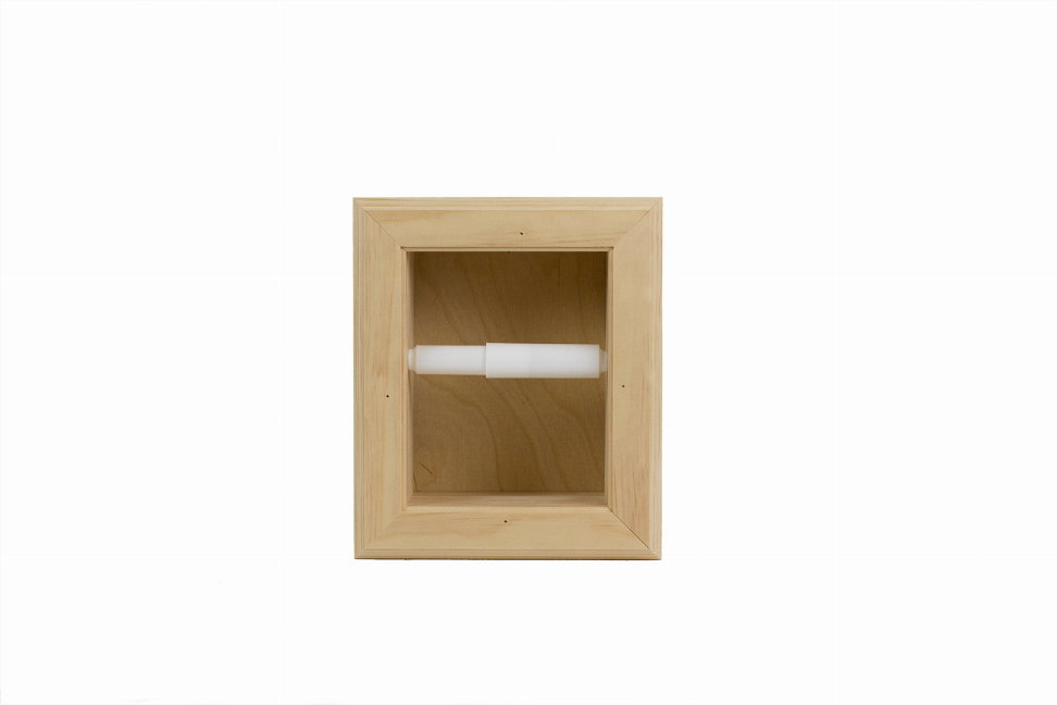 Recessed solid wood toilet paper holder with roll bar, square front opening