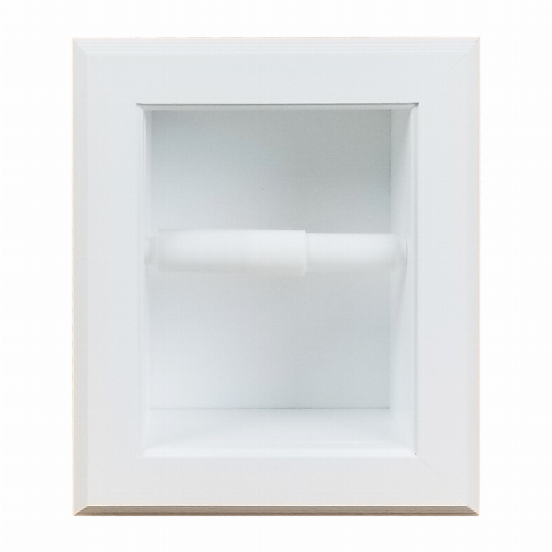 Recessed toilet paper holder with white front and open shelf, holding a white roll