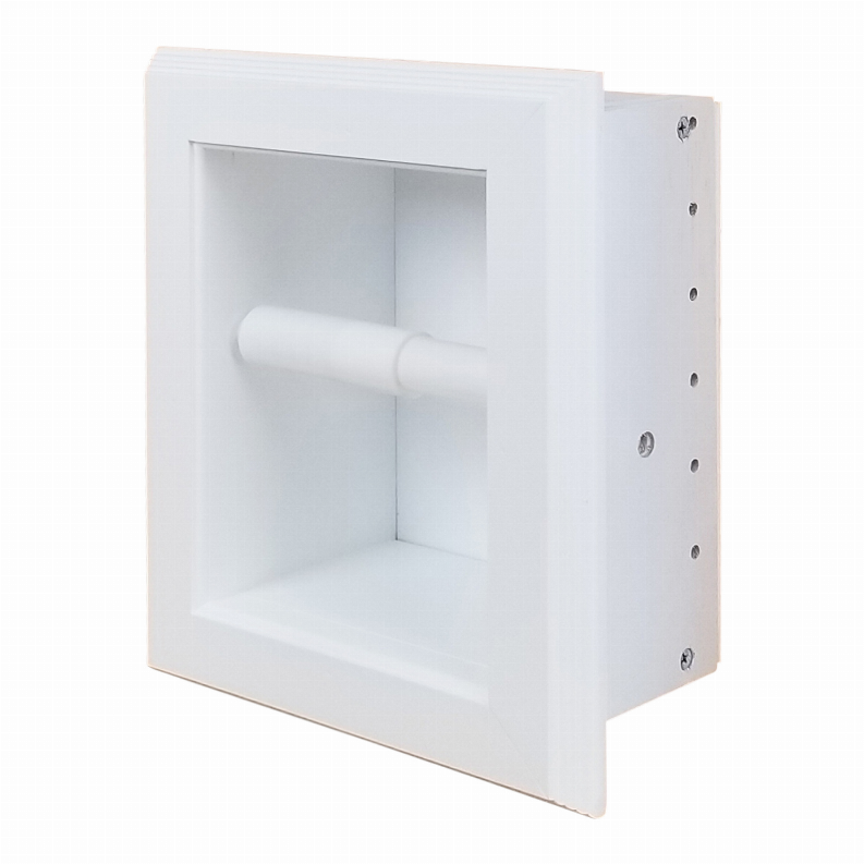 Recessed toilet paper holder with white front, open back cavity, and roll support