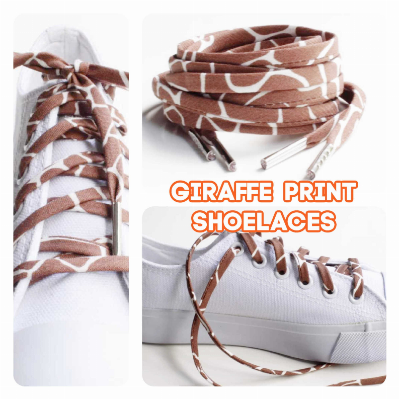 Animal print shoelaces with brown pattern, shown coiled and on a white sneaker