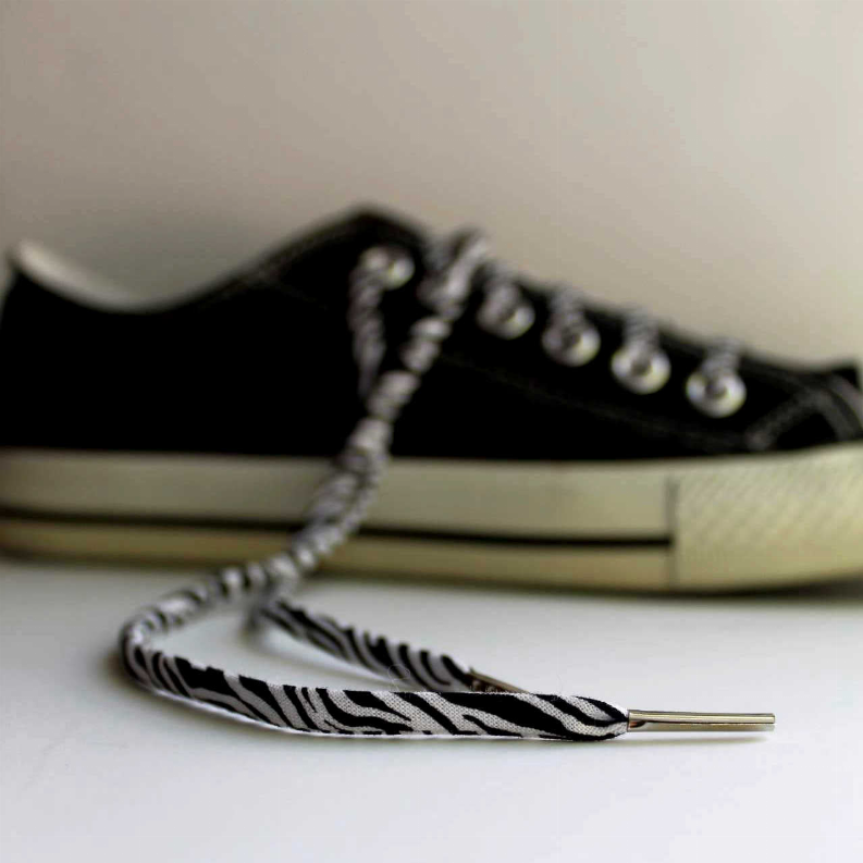 Zebra-pattern shoelace with silver metal tip, laid flat