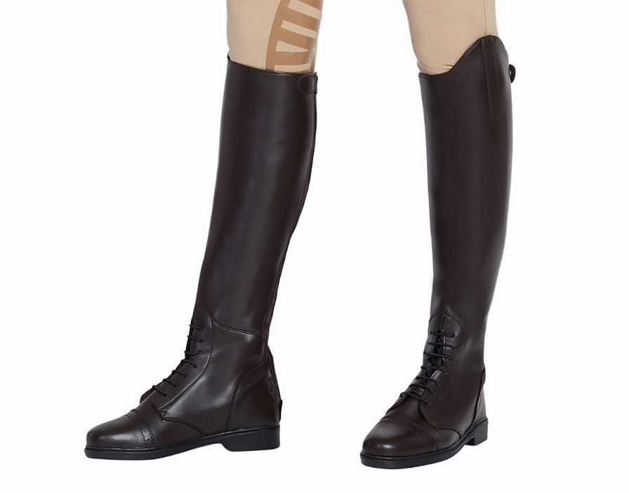 Women’s dark tall field boots, back zipper and lace-up front, full side view