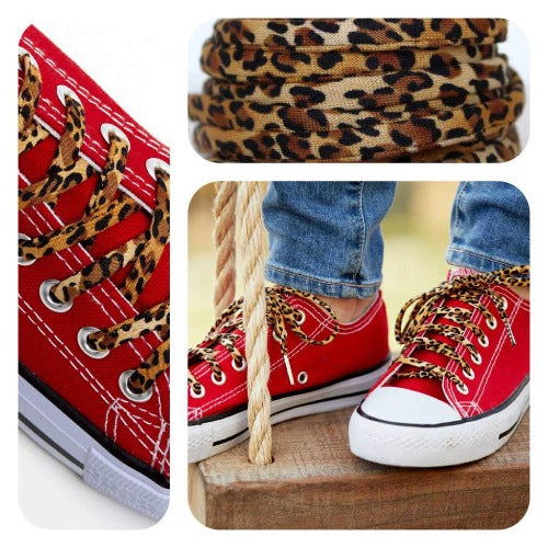 Leopard-print shoelaces, coiled tan-and-black laces with metal aglets