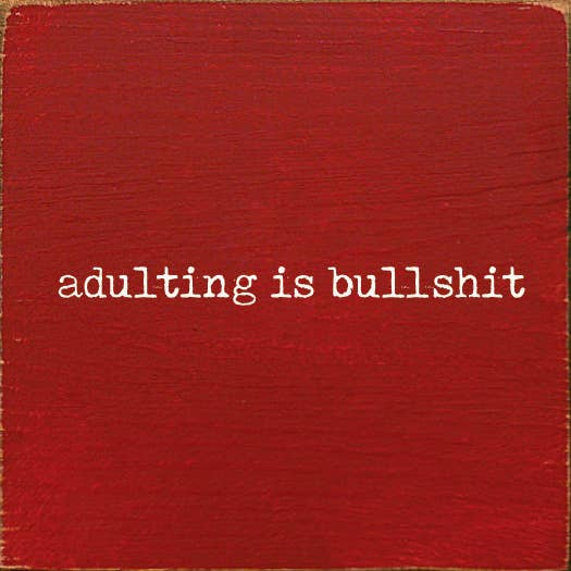 Red square wall art with white text 'adulting is bullshit'