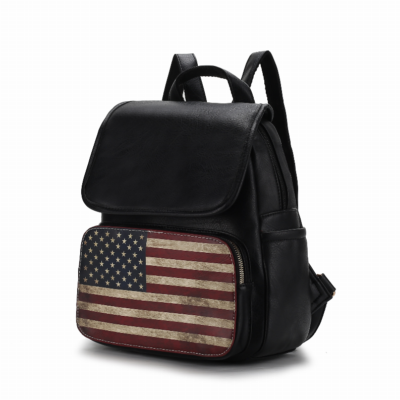 Black vegan leather mini backpack with top handle, front flap, and American flag print pocket