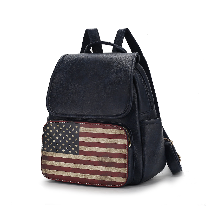 Black vegan leather women's backpack with American flag zip pocket and top handle straps