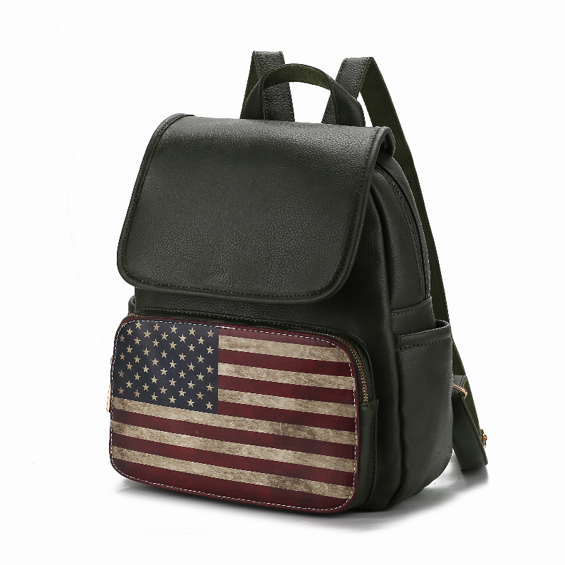 Dark green vegan leather women's backpack with American flag front zip pocket and two straps