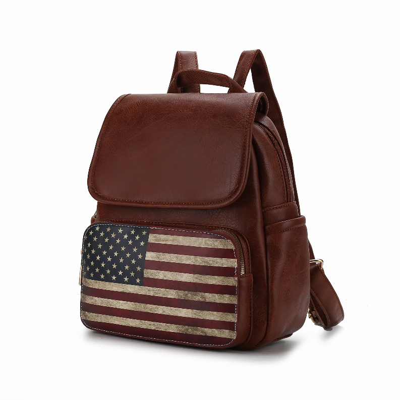 Brown vegan leather women's backpack with flap and front US flag print pocket