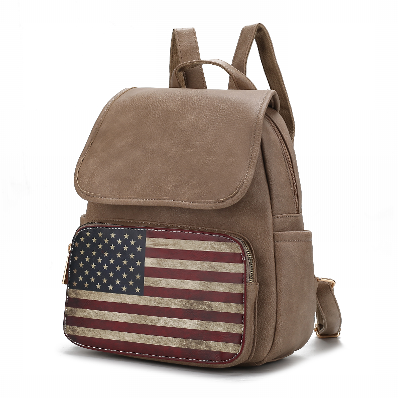 Taupe vegan leather mini backpack with flap, front zipper pocket, American flag print