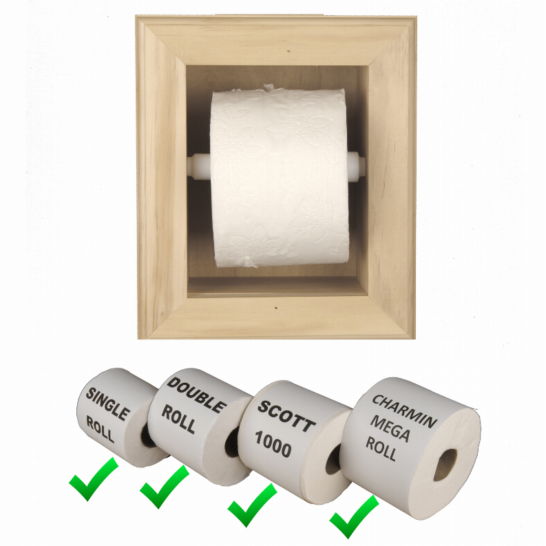 Recessed wood toilet paper holder with white roll and pictured single/double roll options