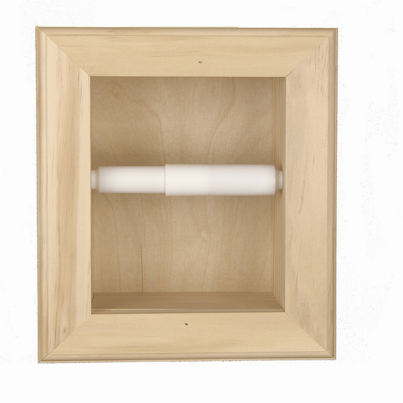 Square recessed wood toilet paper holder with white roller extending from center