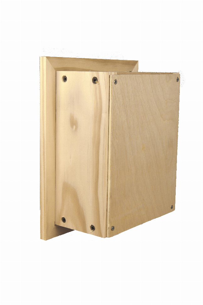 Recessed solid wood toilet paper holder, light wood frame with front panel screws