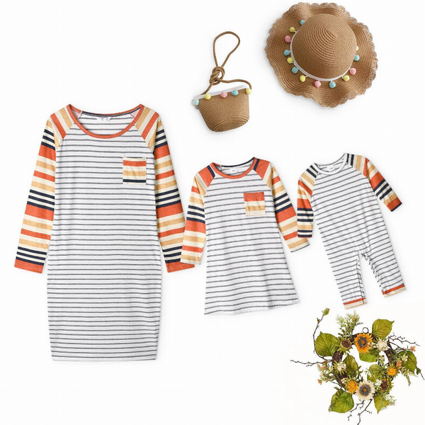 Matching striped long-sleeve dress, orange pocket and blue trim