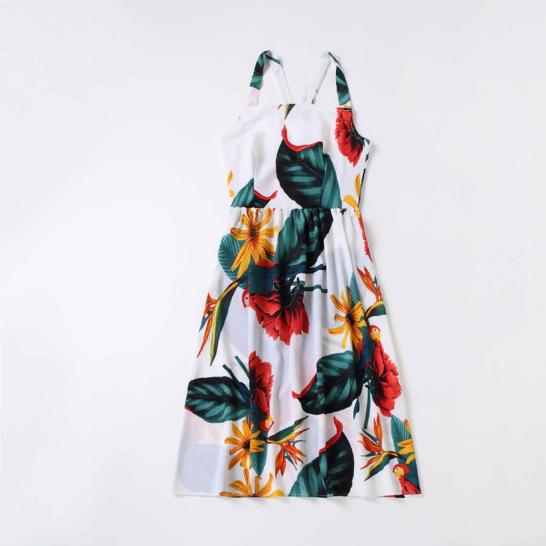 Mini me floral sundress, white with tropical palm, hibiscus, and leaf prints