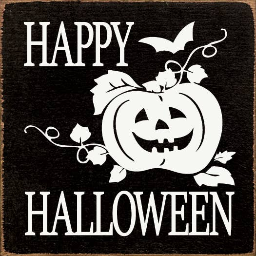 Black Halloween decorative mat with 'Happy' and 'Halloween' text and jack-o'-lantern graphic.