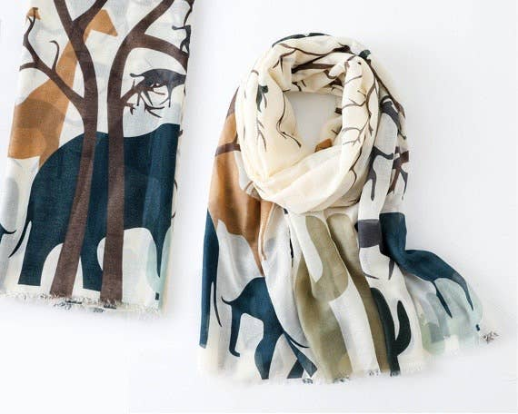 Handmade scarf, folded view with tree and animal print in navy and tan
