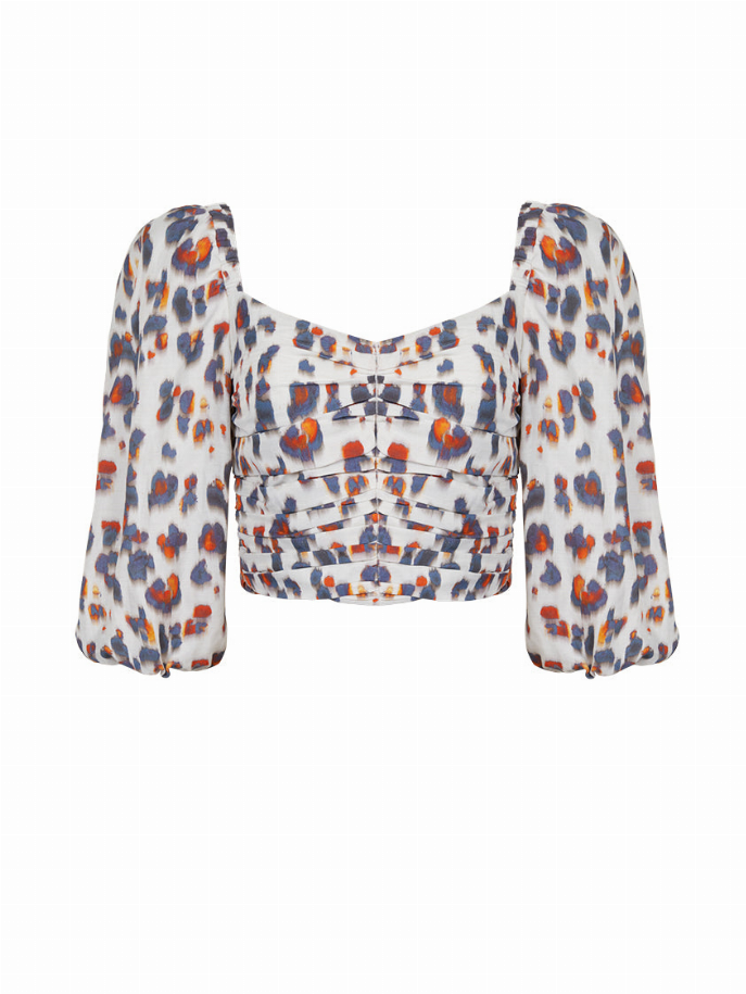 Leopard print puff-sleeve cropped top with gathered front and square neckline