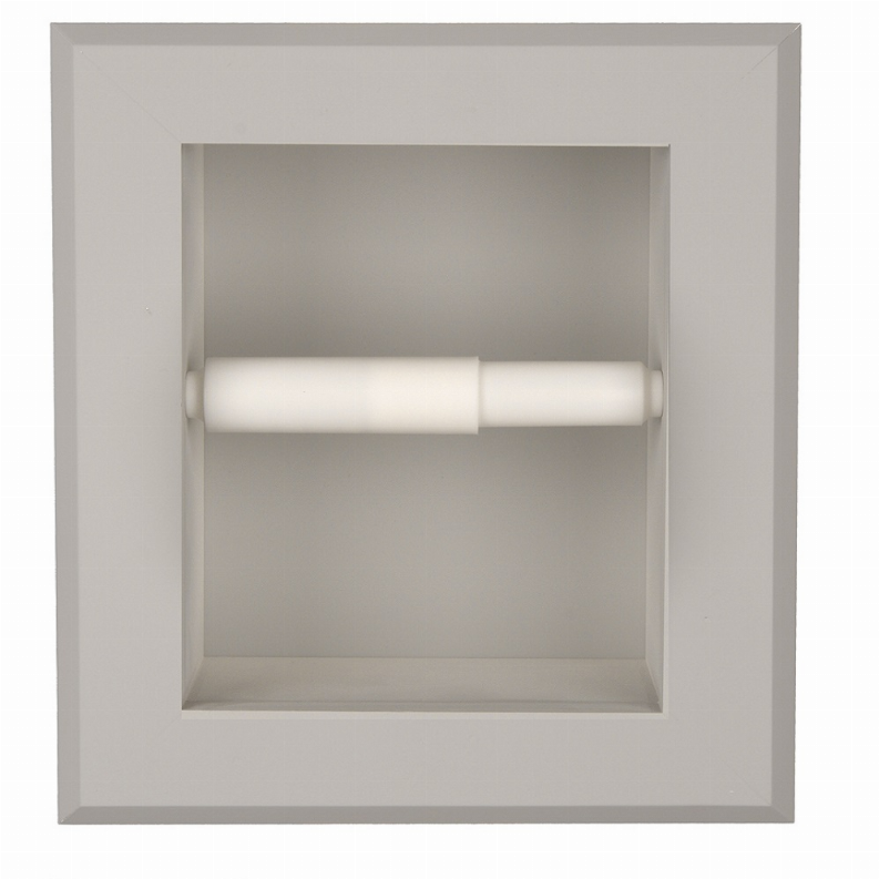 Square recessed toilet paper holder niche with a single roll, shown from the front