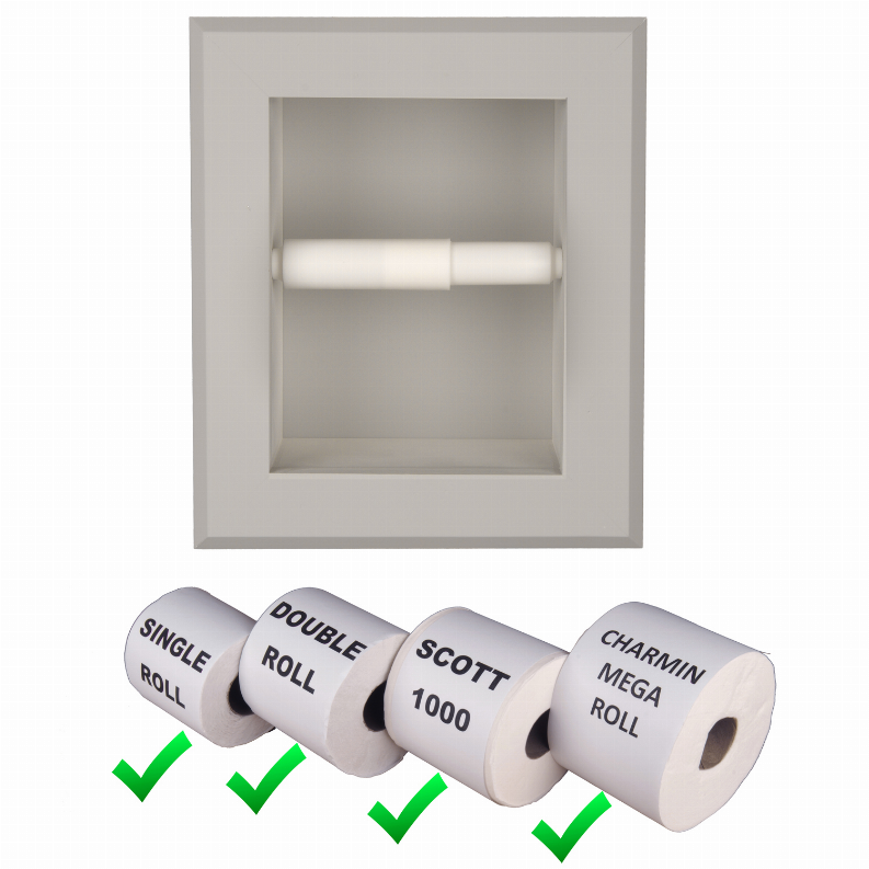 Recessed solid wood toilet paper holder with white paper roll