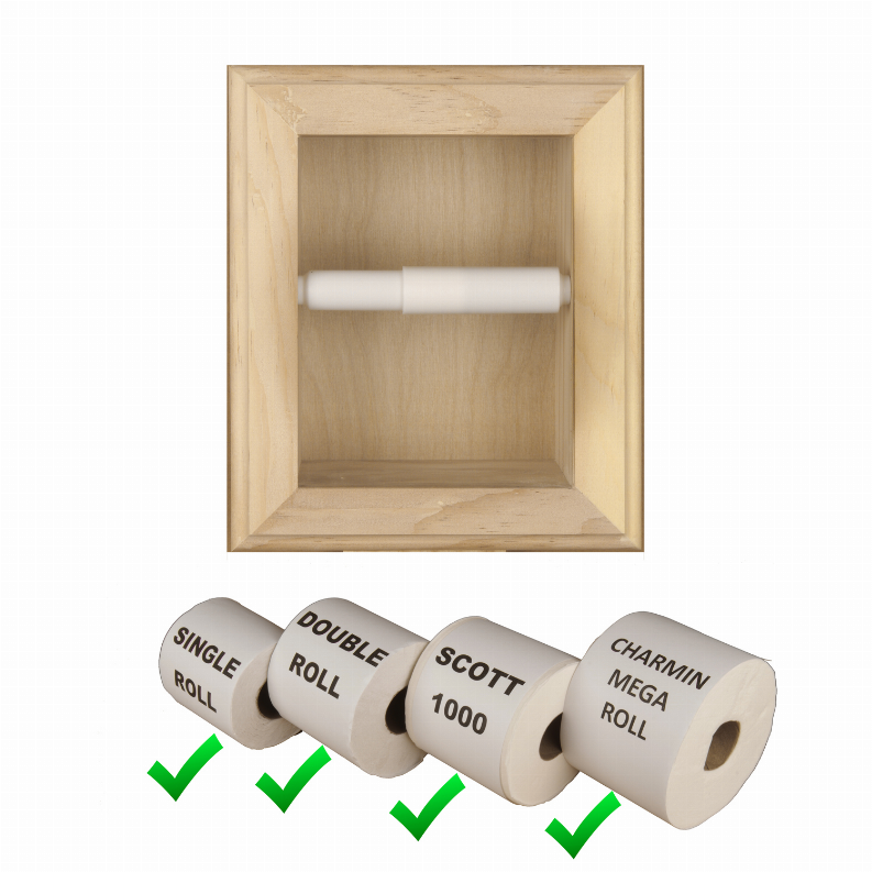 Square recessed wood toilet paper holder opening with toilet paper rolls