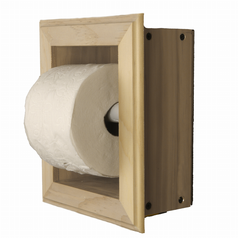 Solid wood recessed toilet paper holder with open front and visible roll slot
