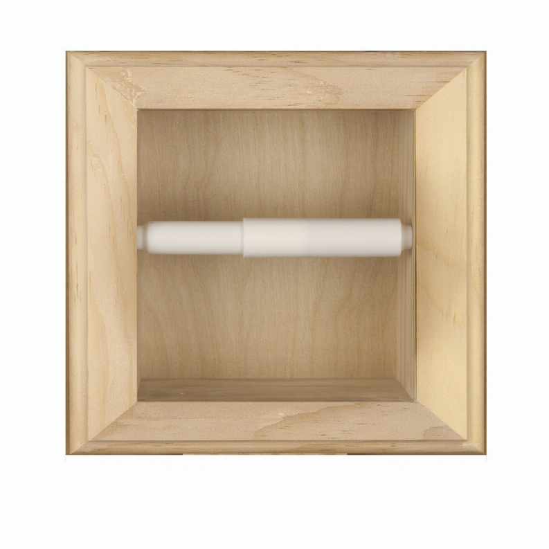Recessed solid wood toilet paper holder opening with centered toilet paper roll